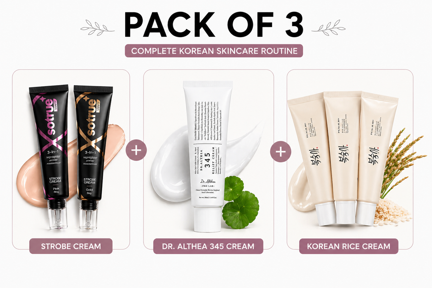 Korean Skincare Combo โ Pack of 3 (Strobe Cream + 345 Repair Cream + Rice Glow Cream)