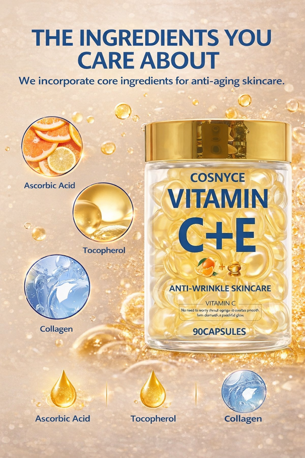 Vitamin C + E Face Serum Capsules (90pcs) | Anti-Aging, Brightening & Glow Skin